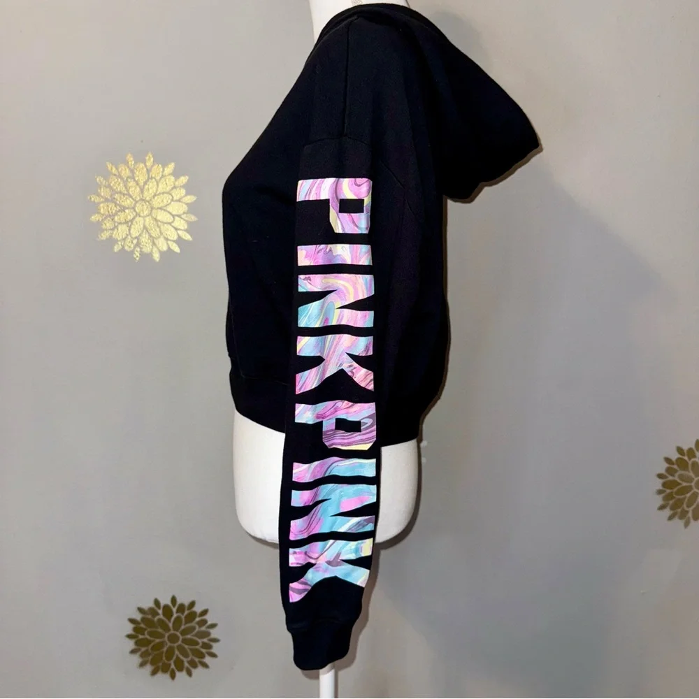 Victoria’s Secret Pink Brand Black Crop Hoodie Sweatshirt Women’s Chic Y2K‎ 90’s - Picture 4 of 9